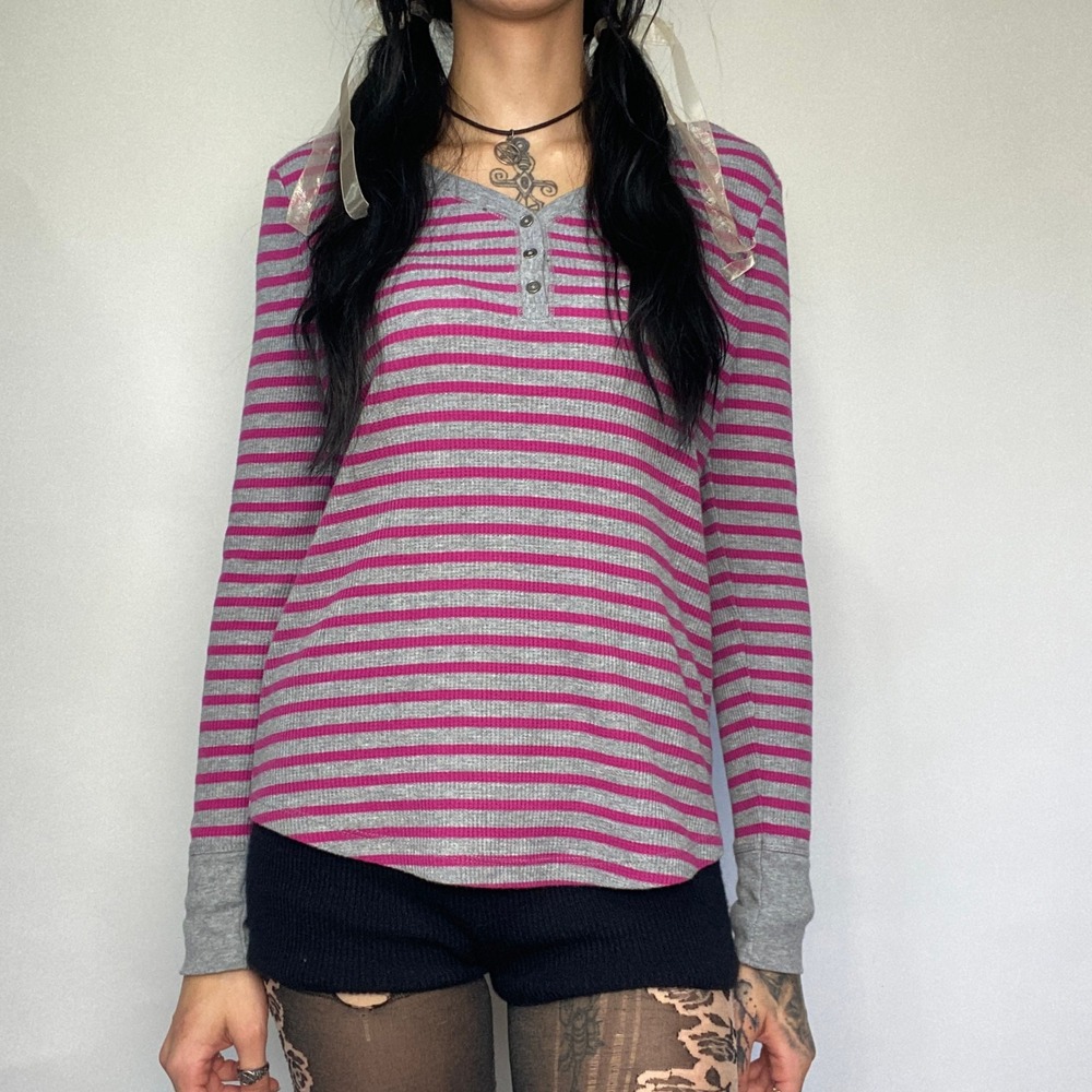 Faded Glory Pink Gray Striped Thermal Waffle Knit Henley Long Sleeve Top M 8-10